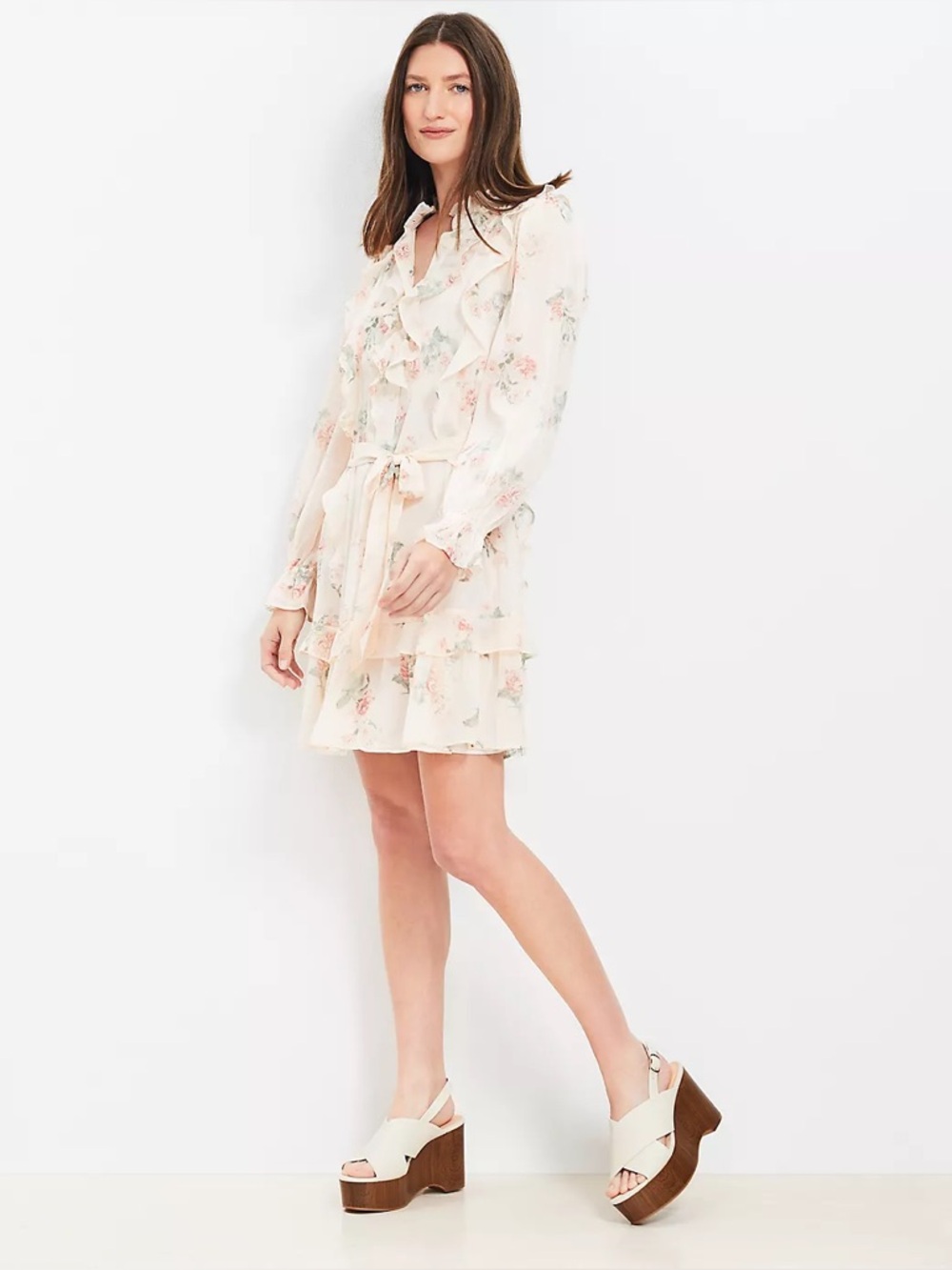 LOFT Light Pink Floral Ruffle Long Sleeve Mini Dress XL